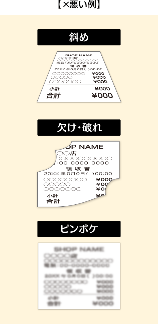 【×悪い例】斜め／欠け・破れ／ピンボケ