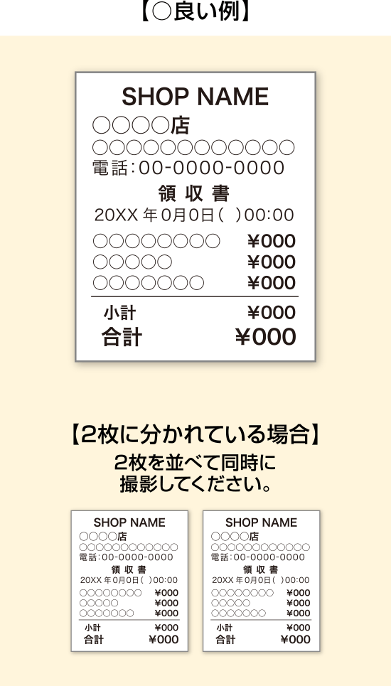 【○良い例】【2枚に分かれている場合】2枚を並べて同時に撮影してください。